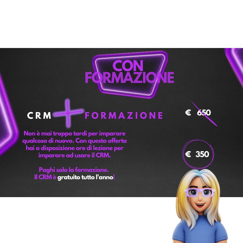 Non è mai troppo tardi per imparare qualcosa di nuovo. Con questa offerta hai a disposizione ore di lezione per imparare ad usare il CRM.  Paghi solo la formazione.  Il CRM è gratuito tutto l'anno!