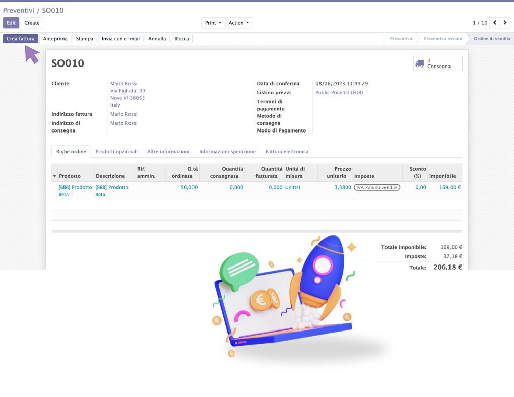 Crea la fattura direttamente da preventivo. Il sistema inserirà i dati in fattura direttamente dal preventivo e potrai inviare una copia di cortesia direttamente dal software come per il preventivo 